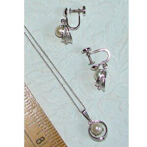 Vtg 1950-60s Sorrento Sterling Silver Filigree Pearl Necklace & Earrings Set D14